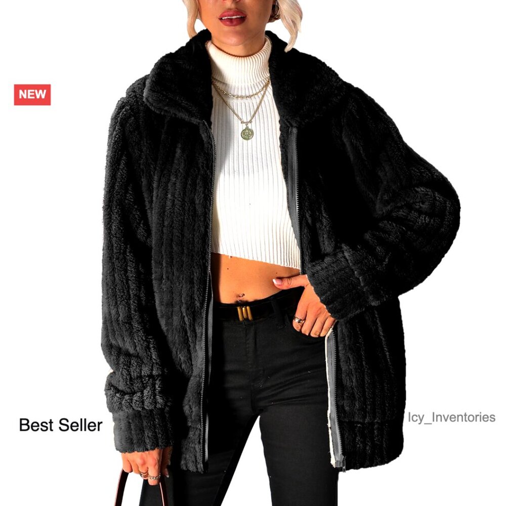 Full Zip Fleece Jacket Lapel Collar Sherpa Coat Cozy Outerwear With Pockets